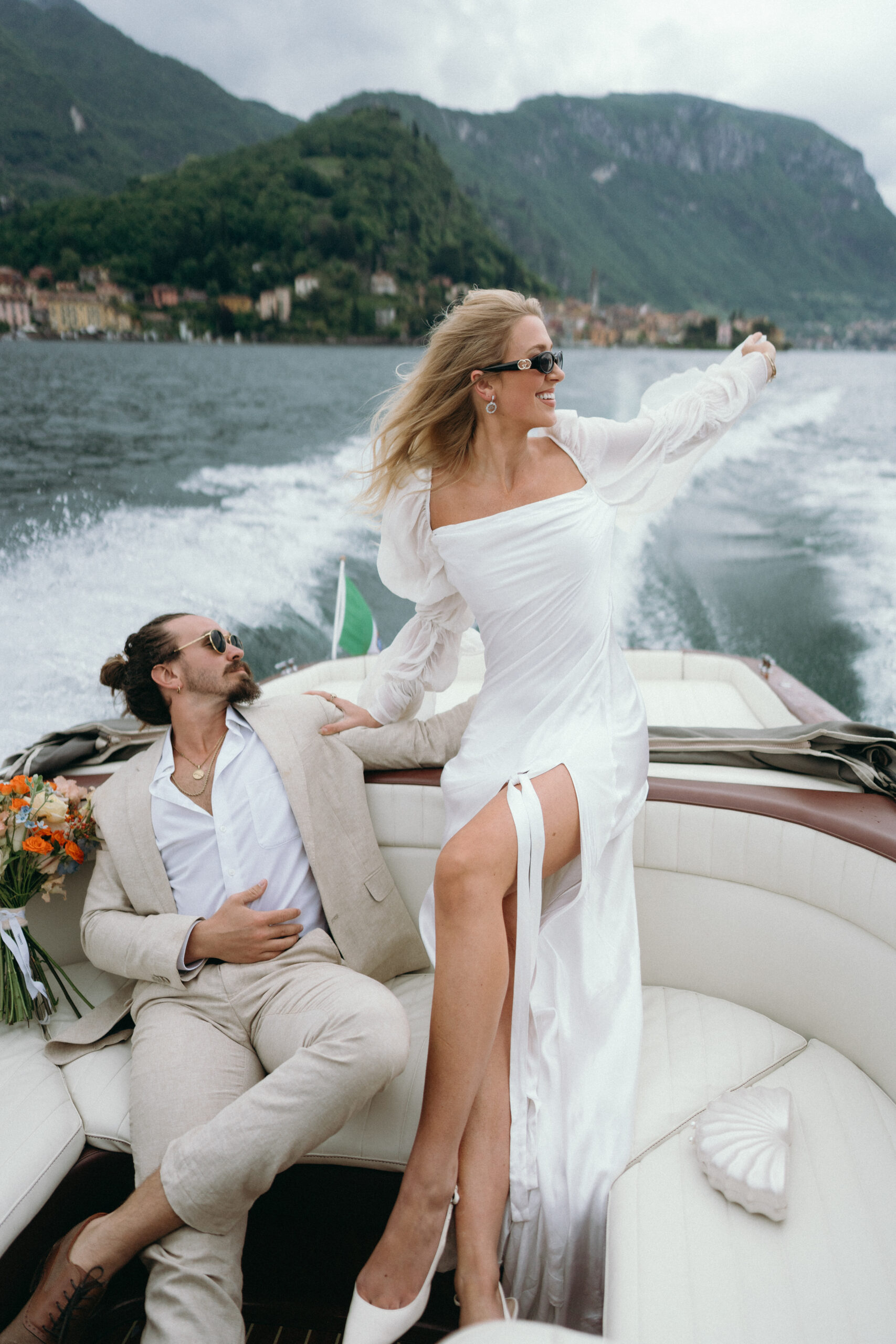 Lake Como elopement bride and groom boat